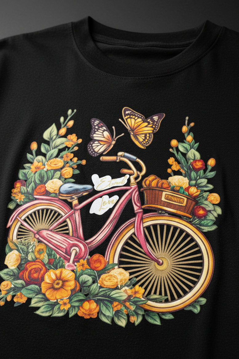 Oversized Bicycle & Floral Print T-Shirt – Unisex Casual Wear