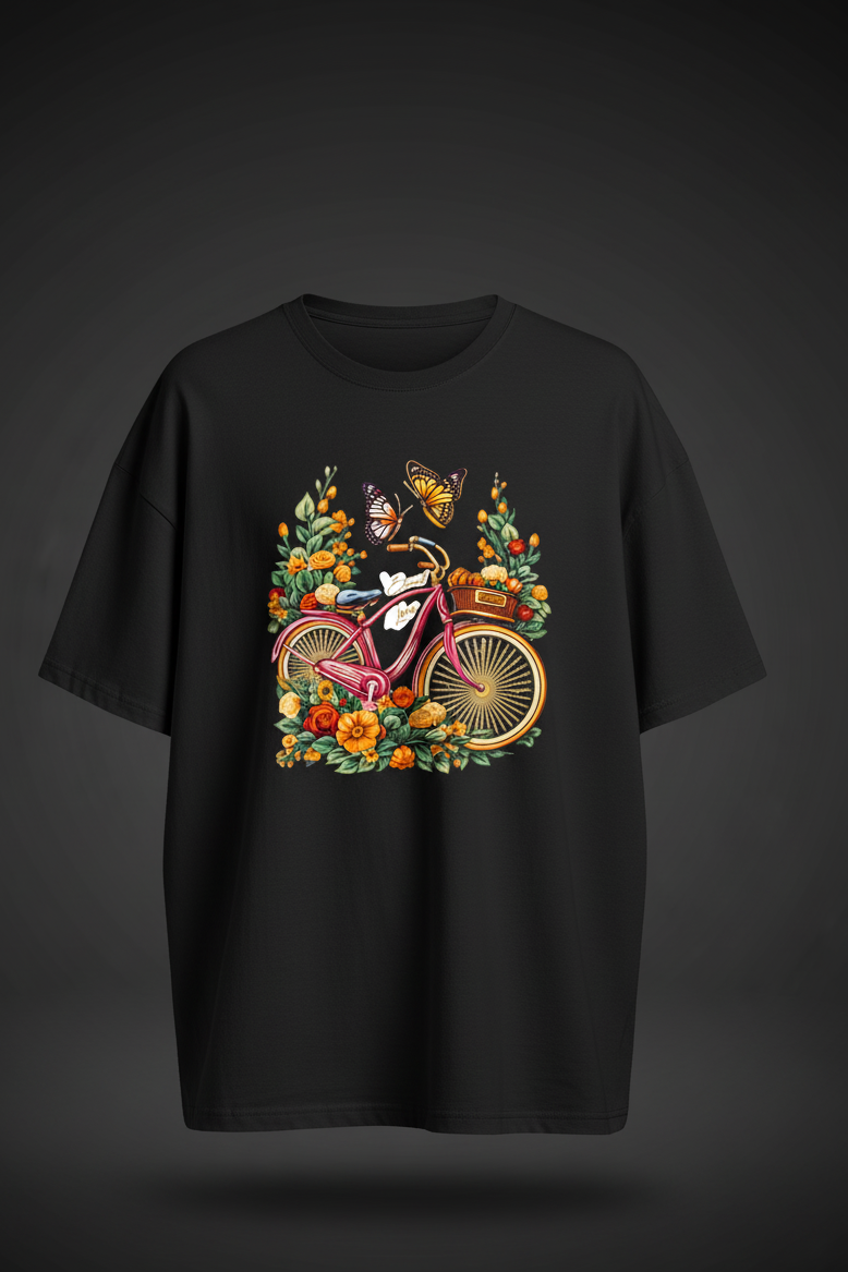 Oversized Bicycle & Floral Print T-Shirt – Unisex Casual Wear