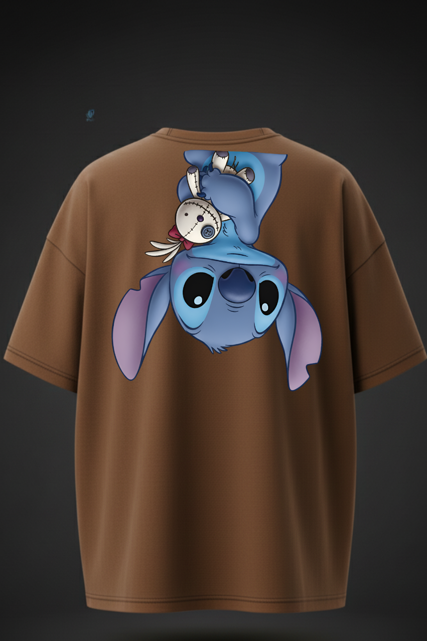 Black Oversized Cartoon Stitch Print T-Shirt – Unisex Streetwear