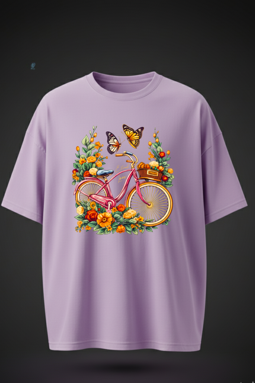 Oversized Bicycle & Floral Print T-Shirt – Unisex Casual Wear