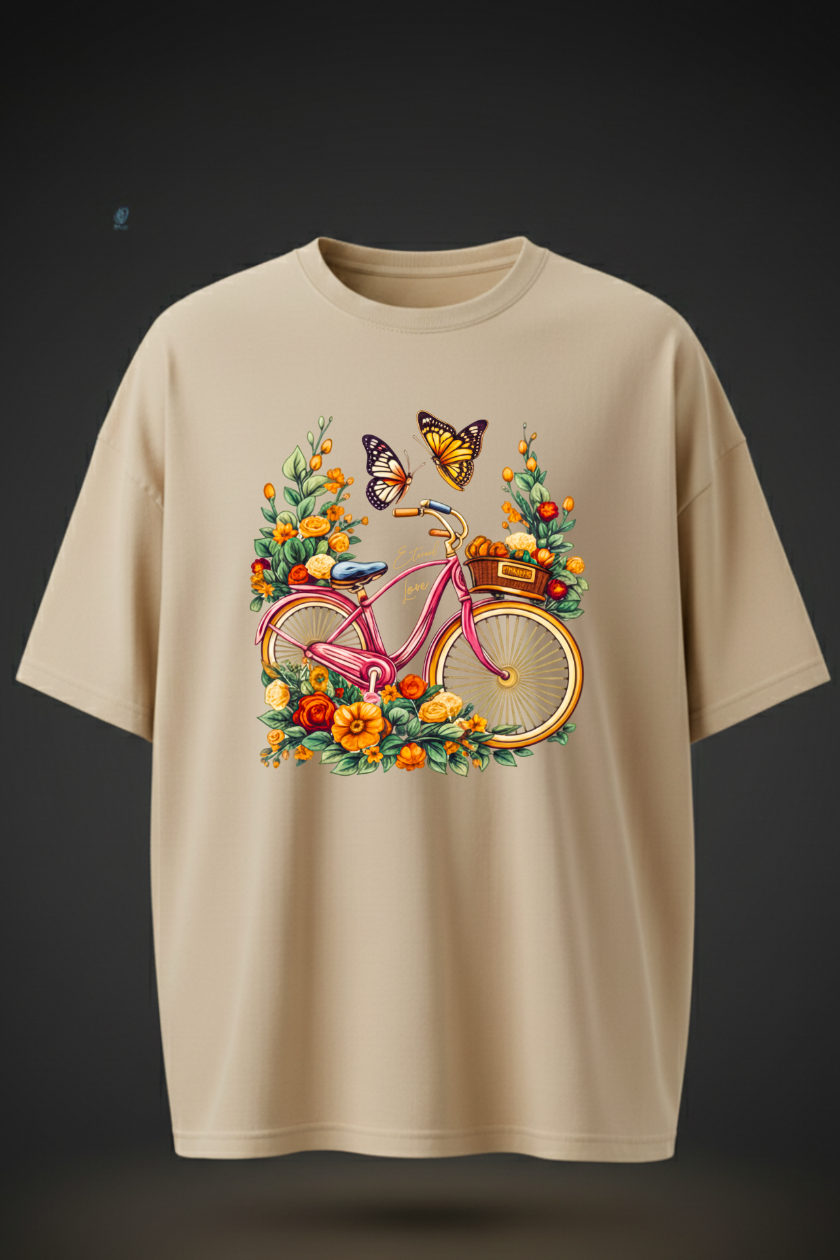 Oversized Bicycle & Floral Print T-Shirt – Unisex Casual Wear
