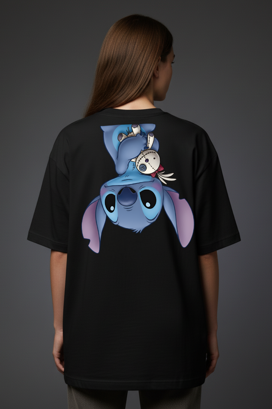 Black Oversized Cartoon Stitch Print T-Shirt – Unisex Streetwear
