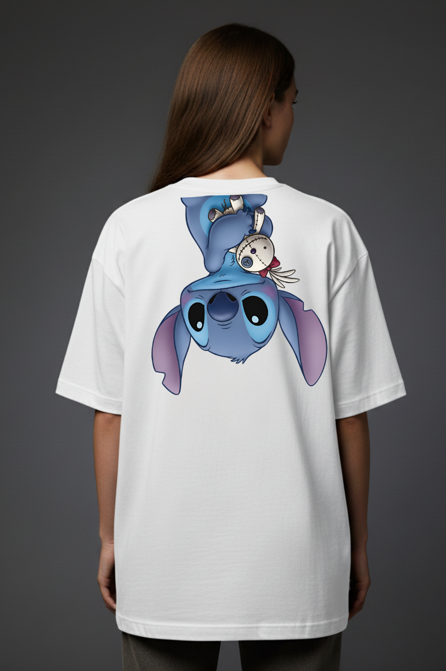 Black Oversized Cartoon Stitch Print T-Shirt – Unisex Streetwear