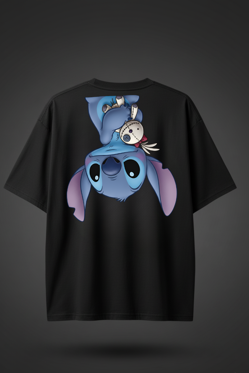 Black Oversized Cartoon Stitch Print T-Shirt – Unisex Streetwear