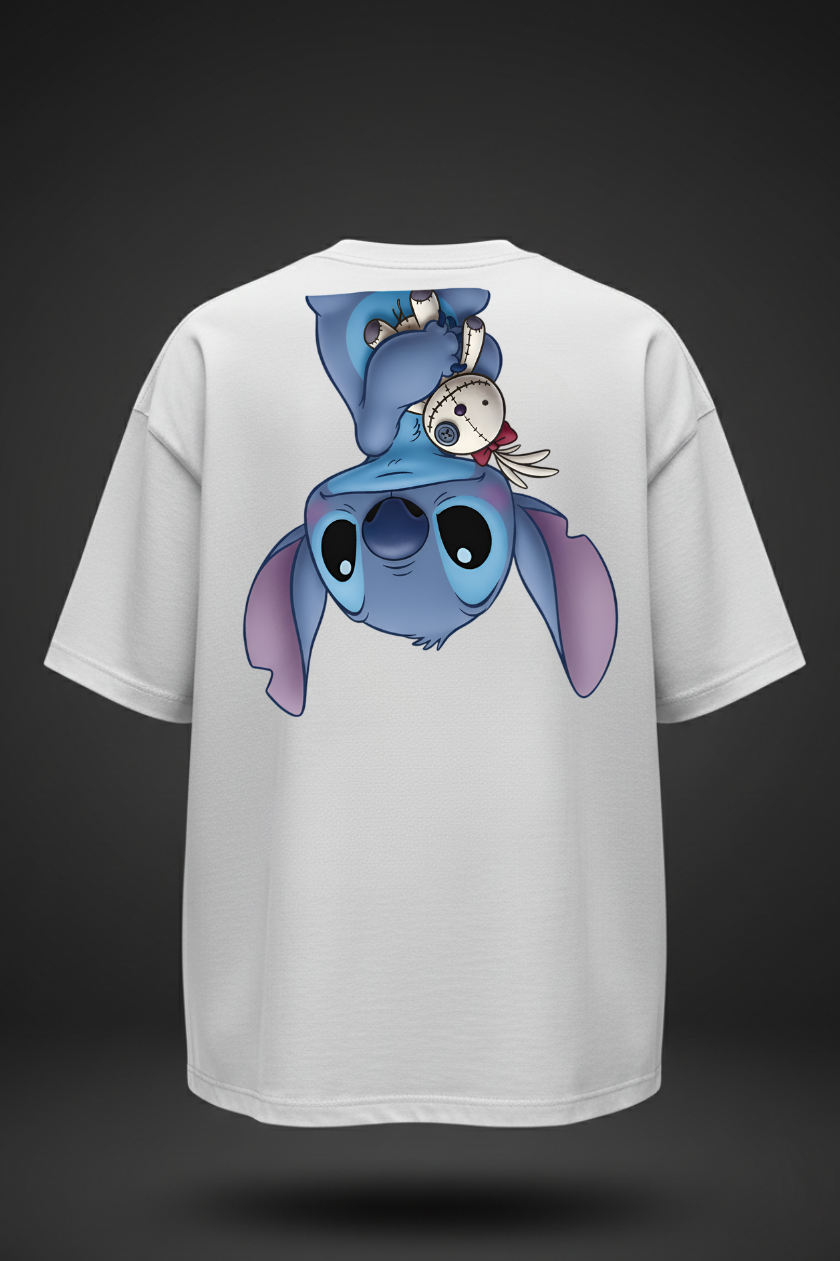 Black Oversized Cartoon Stitch Print T-Shirt – Unisex Streetwear