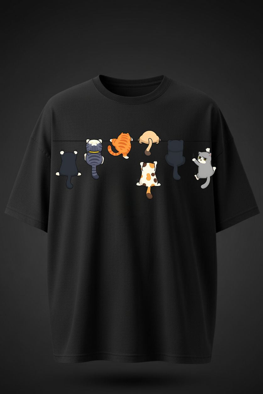 Oversized Cartoon Cat Print T-Shirt – Unisex Streetwear